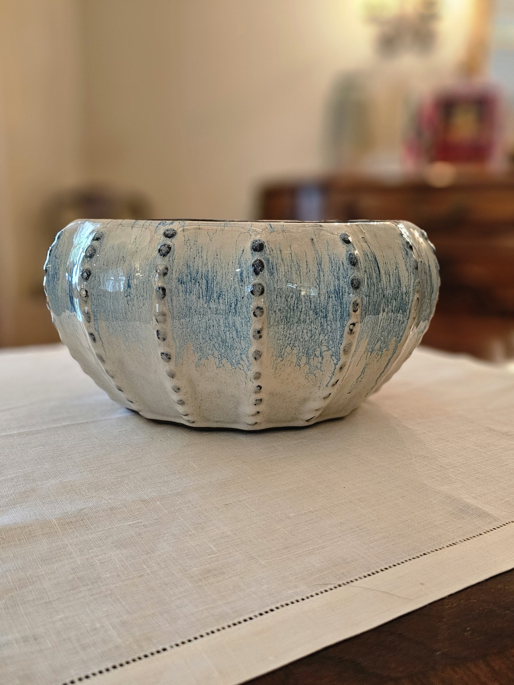 Large 11" Sea Urchin Ceramic Planter Pot Heavy Stoneware Blue White Garden Basin